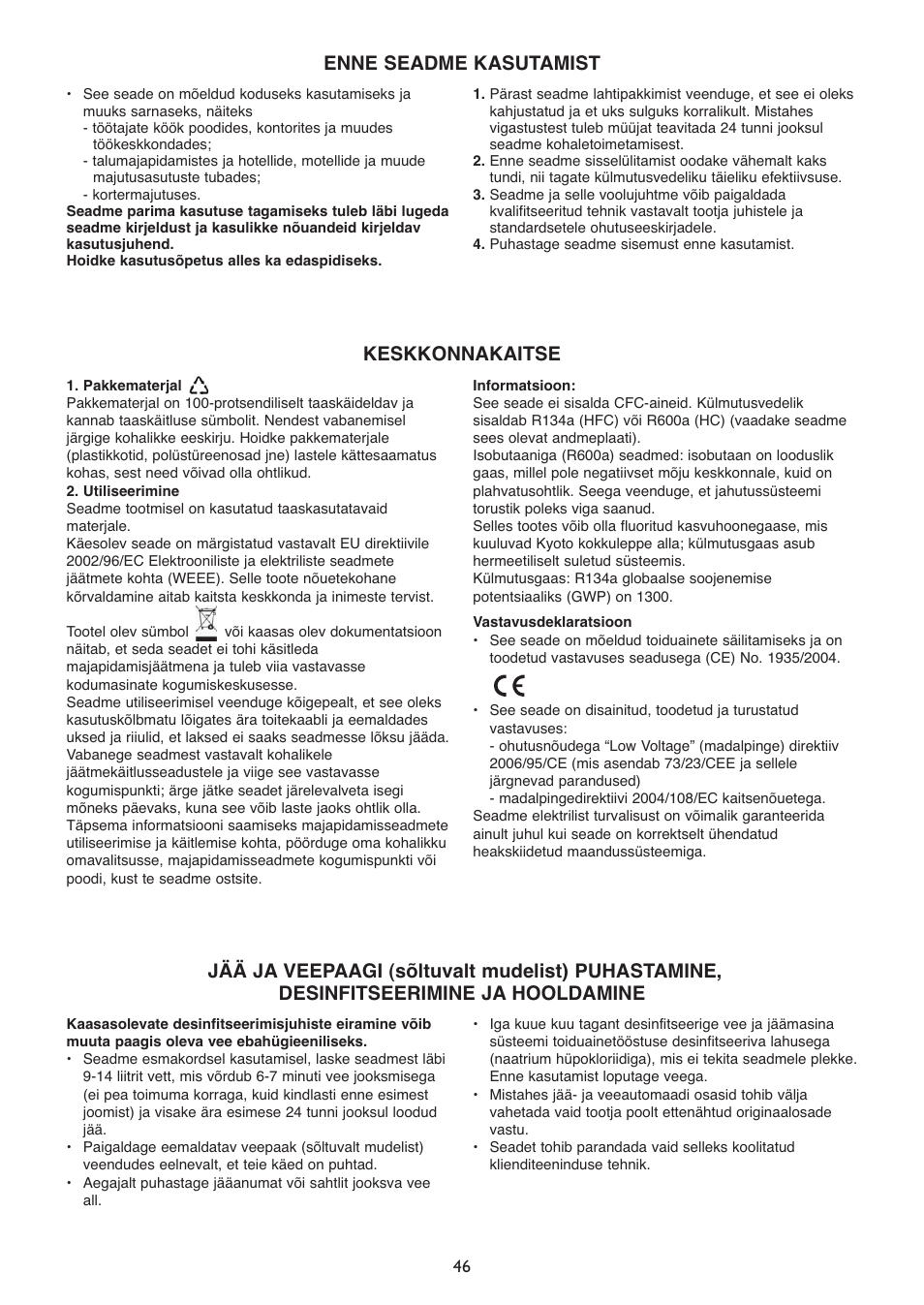 Enne seadme kasutamist, Keskkonnakaitse | Whirlpool WSN 5554 A+X User Manual | Page 46 / 56