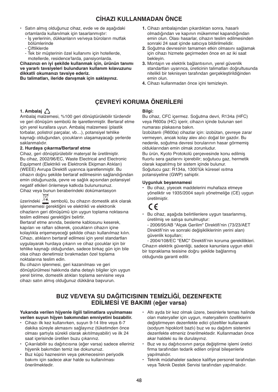 Cihazi kullanmadan önce, Çevreyi koruma önerileri | Whirlpool WSN 5554 A+X User Manual | Page 48 / 56