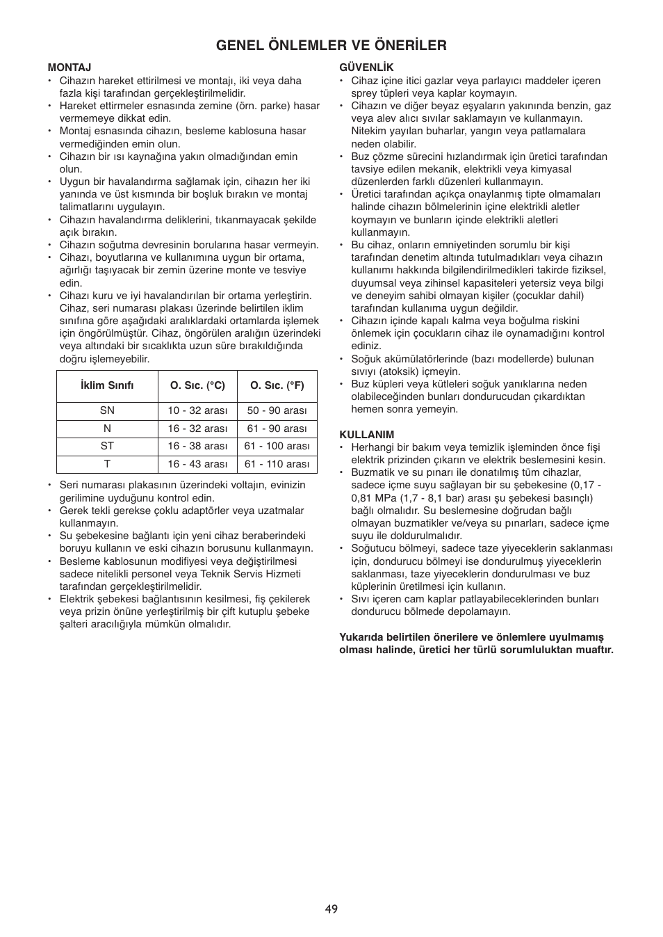 Genel önlemler ve öneriler | Whirlpool WSN 5554 A+X User Manual | Page 49 / 56