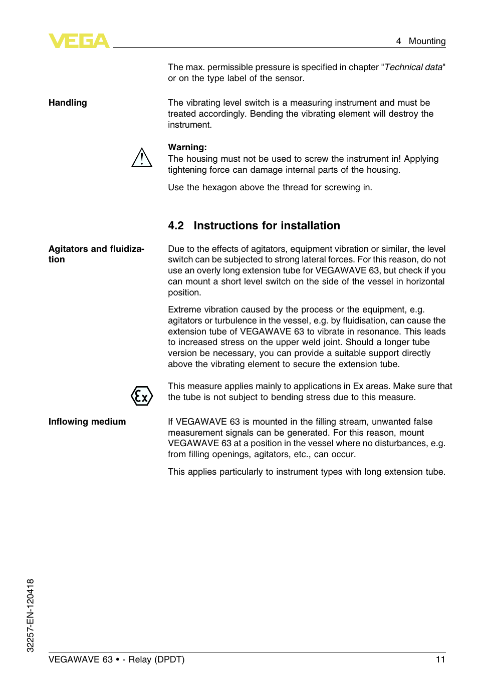 2 instructions for installation | VEGA VEGAWAVE 63 - Relay (DPDT) User Manual | Page 11 / 36