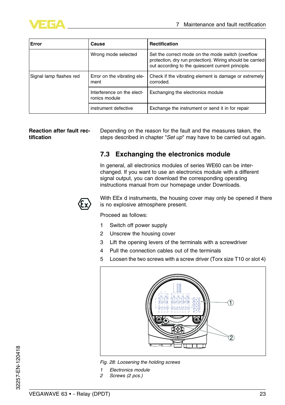 3 exchanging the electronics module | VEGA VEGAWAVE 63 - Relay (DPDT) User Manual | Page 23 / 36