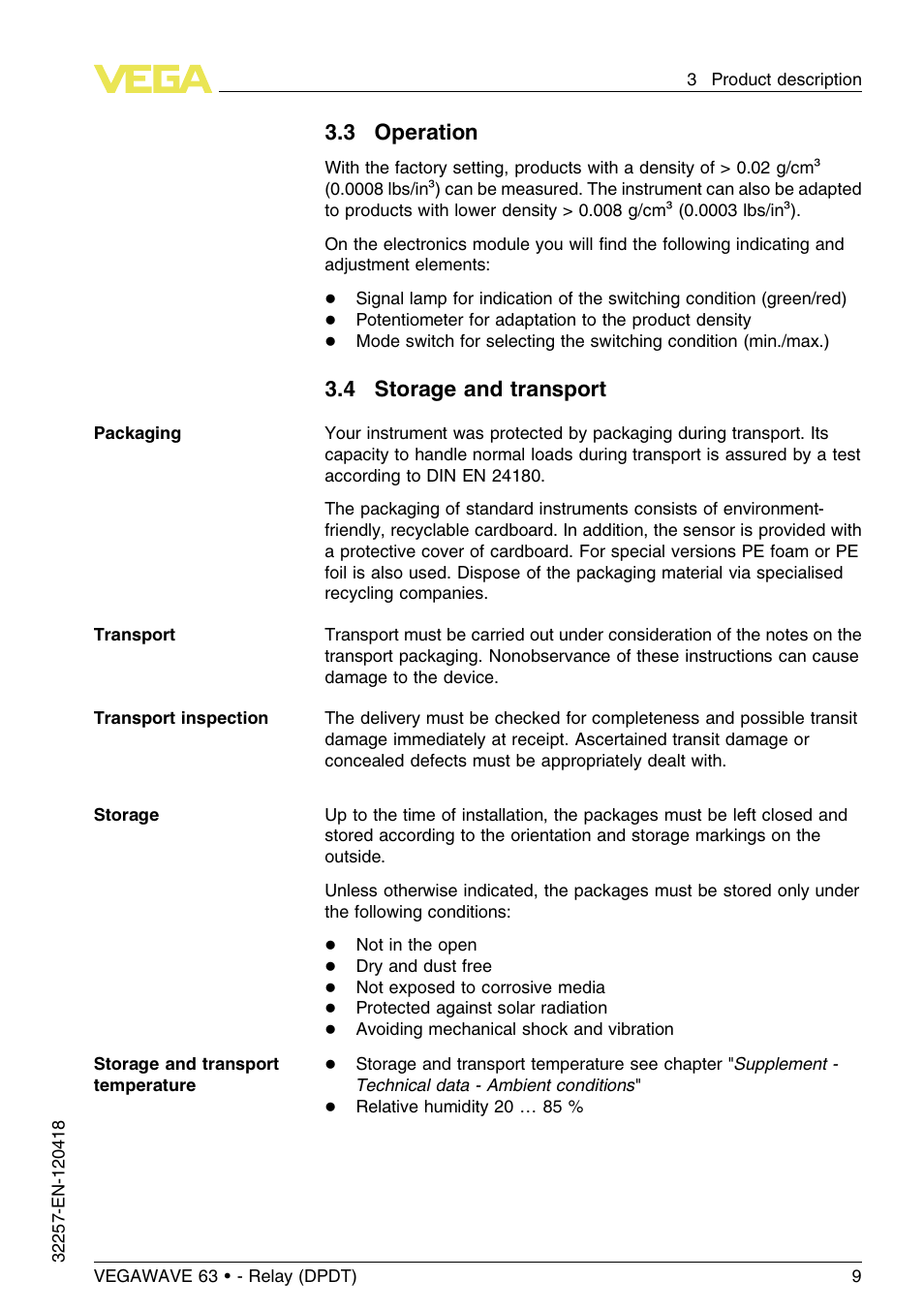 3 operation, 4 storage and transport | VEGA VEGAWAVE 63 - Relay (DPDT) User Manual | Page 9 / 36