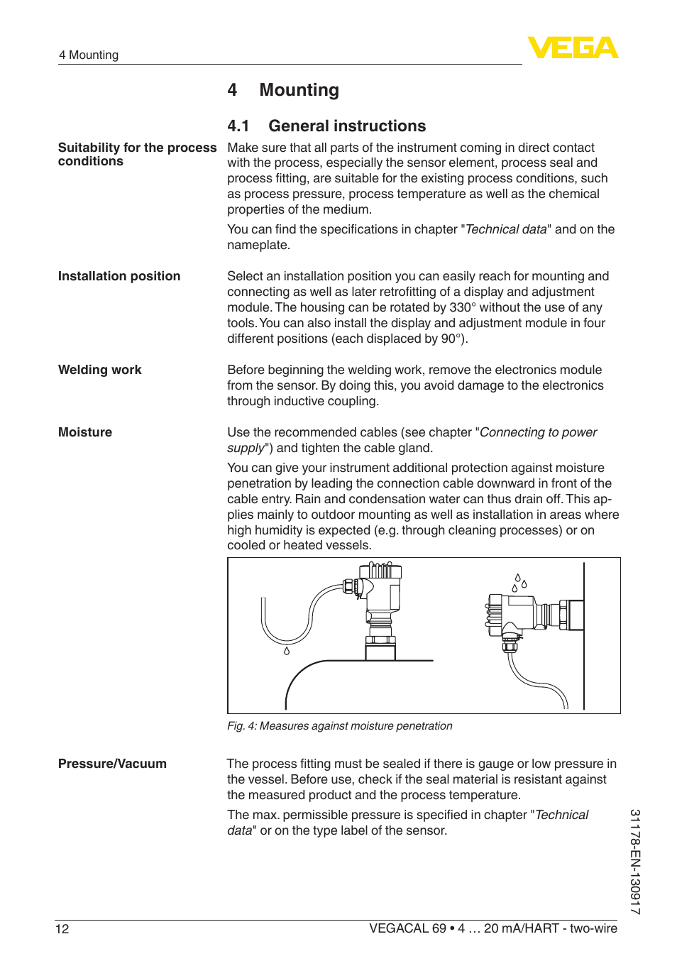 4 mounting, 1 general instructions | VEGA VEGACAL 69 4 … 20 mA_HART - two-wire User Manual | Page 12 / 48