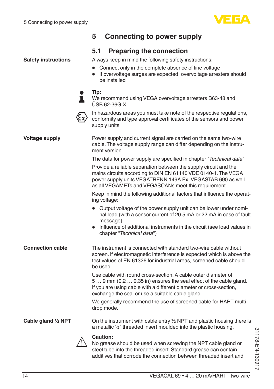 5 connecting to power supply, 1 preparing the connection | VEGA VEGACAL 69 4 … 20 mA_HART - two-wire User Manual | Page 14 / 48