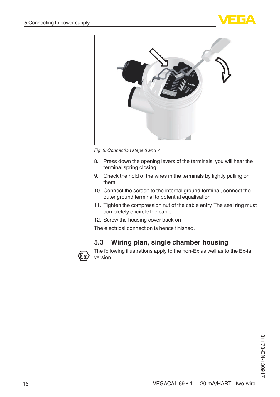 3 wiring plan, single chamber housing | VEGA VEGACAL 69 4 … 20 mA_HART - two-wire User Manual | Page 16 / 48