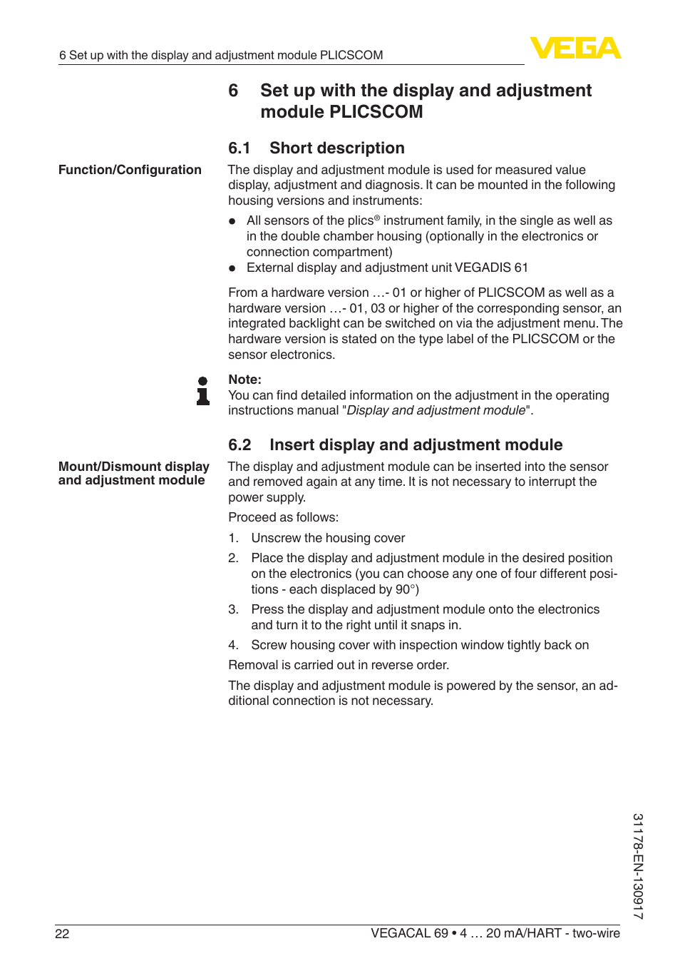 1 short description, 2 insert display and adjustment module | VEGA VEGACAL 69 4 … 20 mA_HART - two-wire User Manual | Page 22 / 48