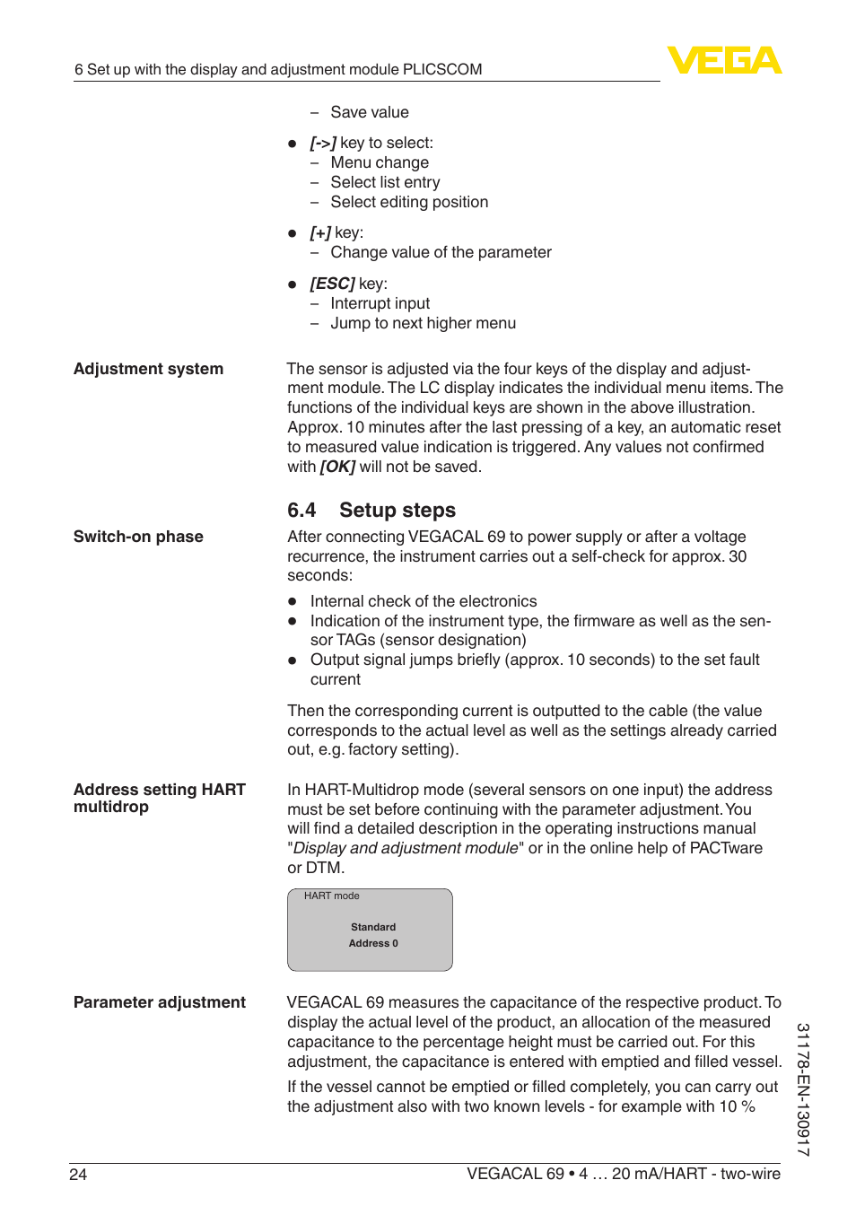 4 setup steps | VEGA VEGACAL 69 4 … 20 mA_HART - two-wire User Manual | Page 24 / 48