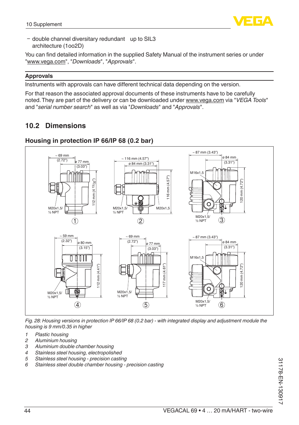 2 dimensions, 10 supplement | VEGA VEGACAL 69 4 … 20 mA_HART - two-wire User Manual | Page 44 / 48