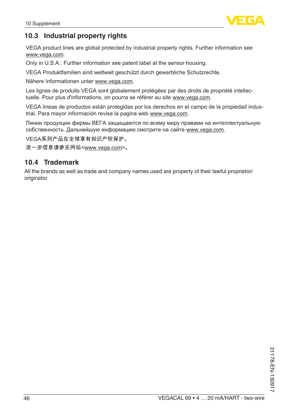 3 industrial property rights, 4 trademark | VEGA VEGACAL 69 4 … 20 mA_HART - two-wire User Manual | Page 46 / 48