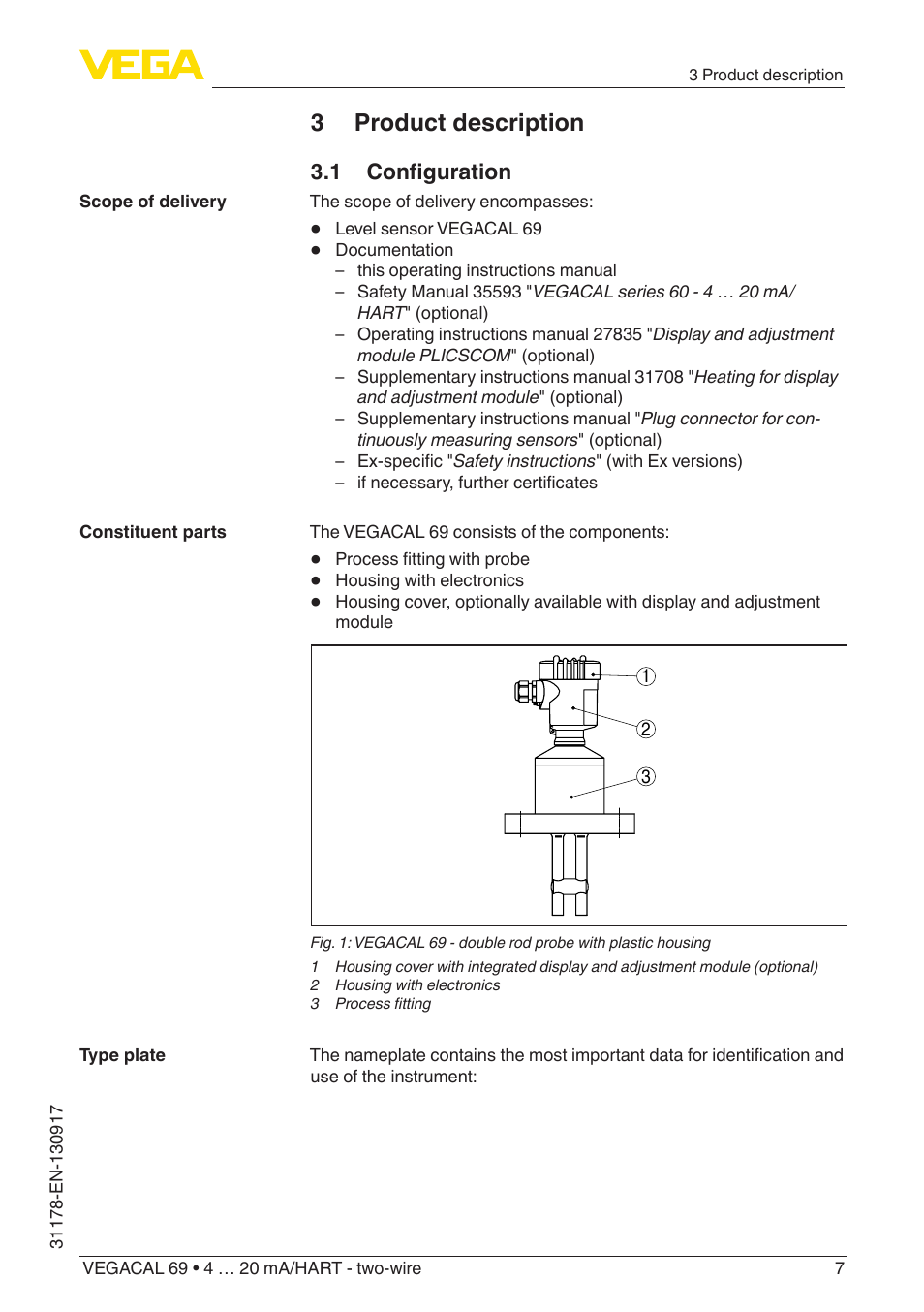 3 product description, 1 configuration | VEGA VEGACAL 69 4 … 20 mA_HART - two-wire User Manual | Page 7 / 48