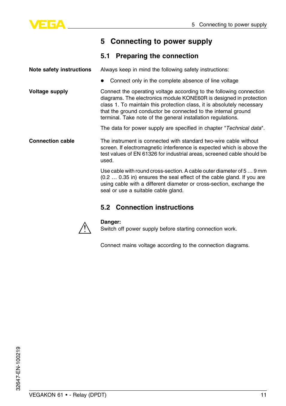 5 connecting to power supply, 1 preparing the connection, 2 connection instructions | 5connecting to power supply | VEGA VEGAKON 61 - Relay (DPDT) User Manual | Page 11 / 24