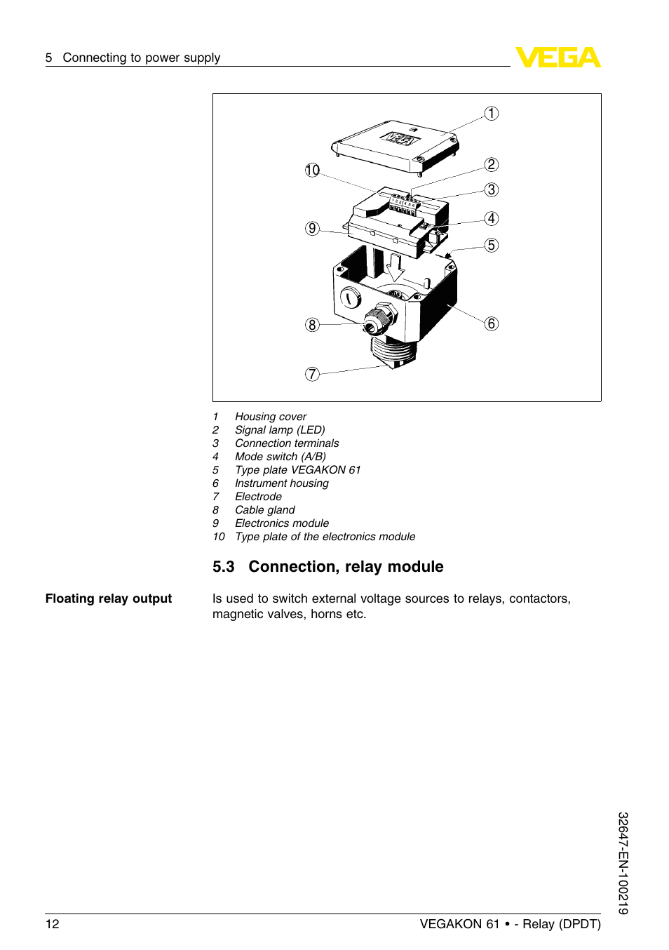 3 connection, relay module | VEGA VEGAKON 61 - Relay (DPDT) User Manual | Page 12 / 24