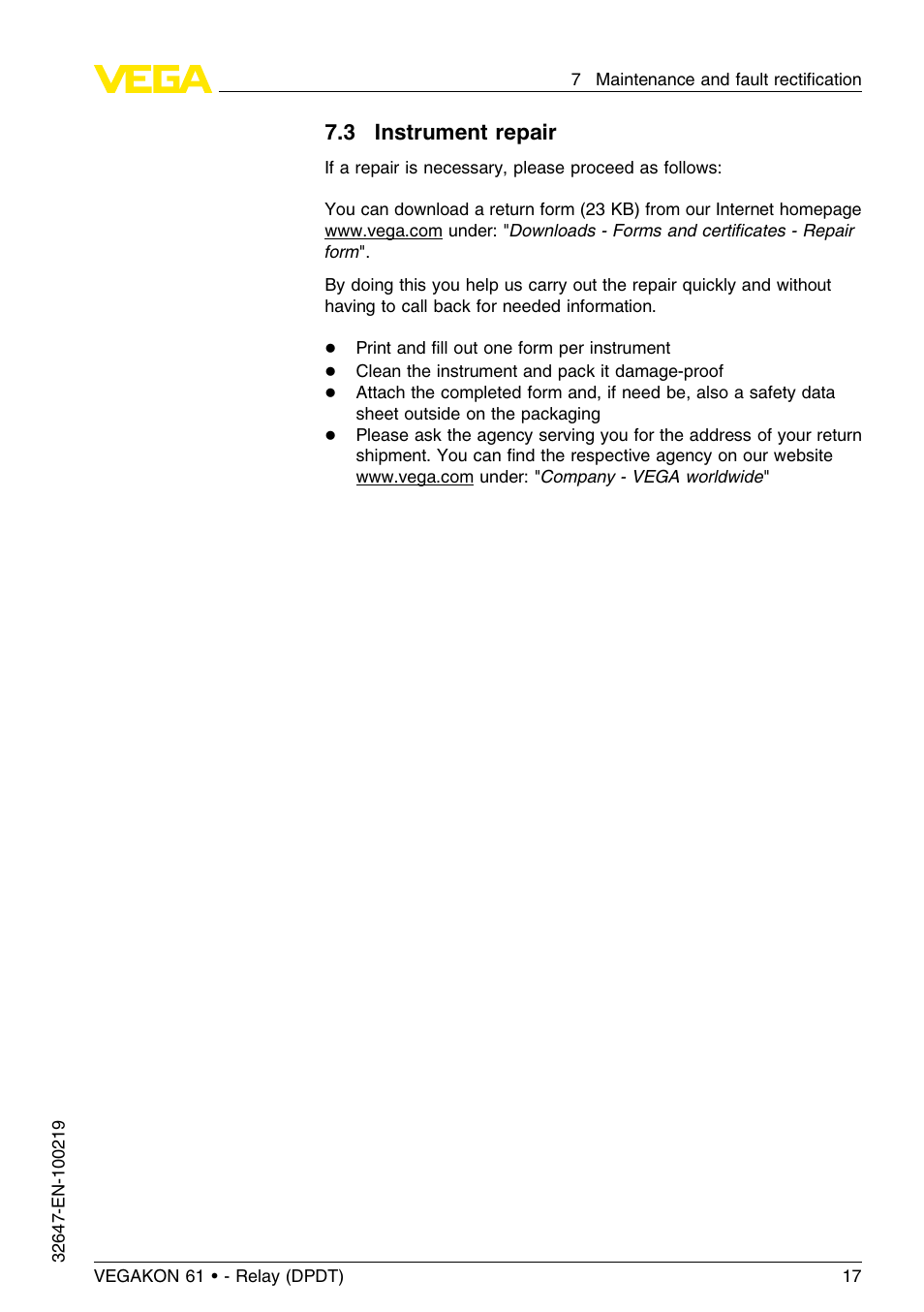 3 instrument repair | VEGA VEGAKON 61 - Relay (DPDT) User Manual | Page 17 / 24