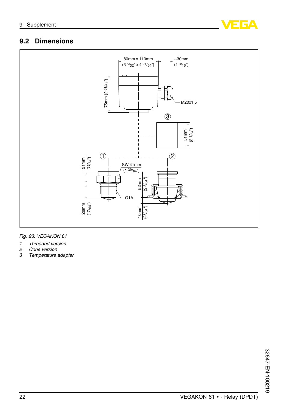 2 dimensions | VEGA VEGAKON 61 - Relay (DPDT) User Manual | Page 22 / 24