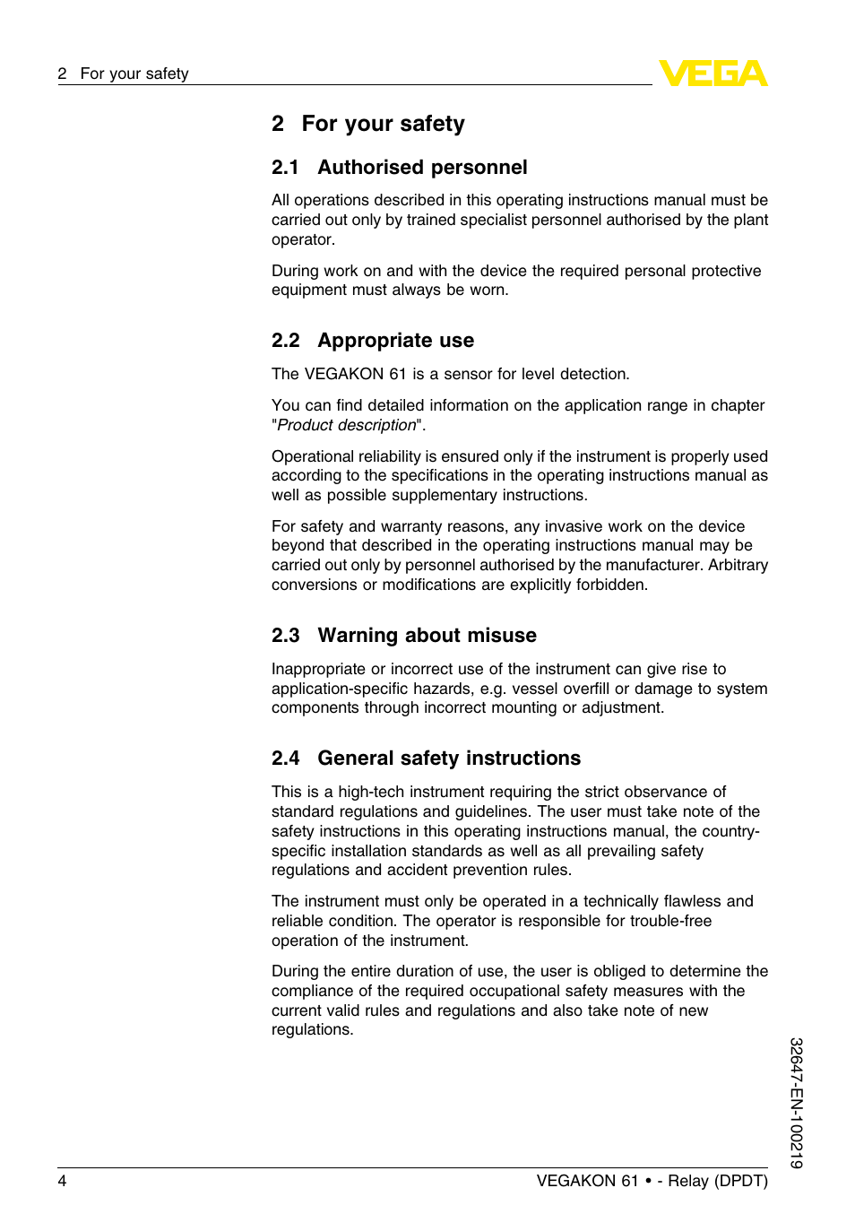 2 for your safety, 1 authorised personnel, 2 appropriate use | 3 warning about misuse, 4 general safety instructions, 2for your safety | VEGA VEGAKON 61 - Relay (DPDT) User Manual | Page 4 / 24