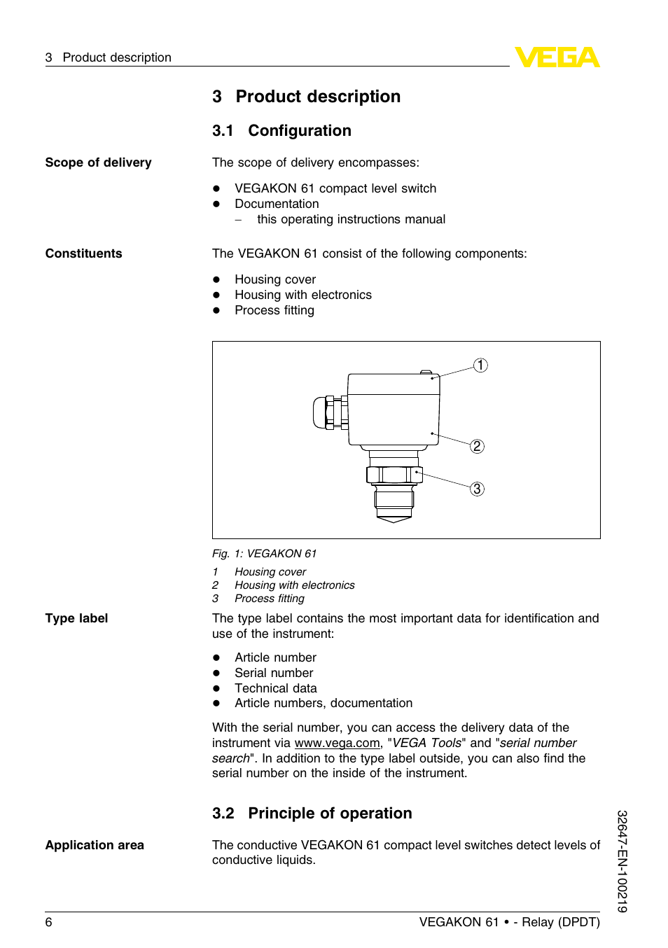 3 product description, 1 configuration, 2 principle of operation | 3product description, 1 conﬁguration | VEGA VEGAKON 61 - Relay (DPDT) User Manual | Page 6 / 24
