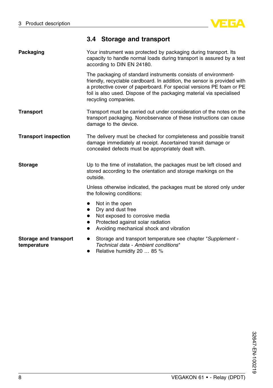 4 storage and transport | VEGA VEGAKON 61 - Relay (DPDT) User Manual | Page 8 / 24