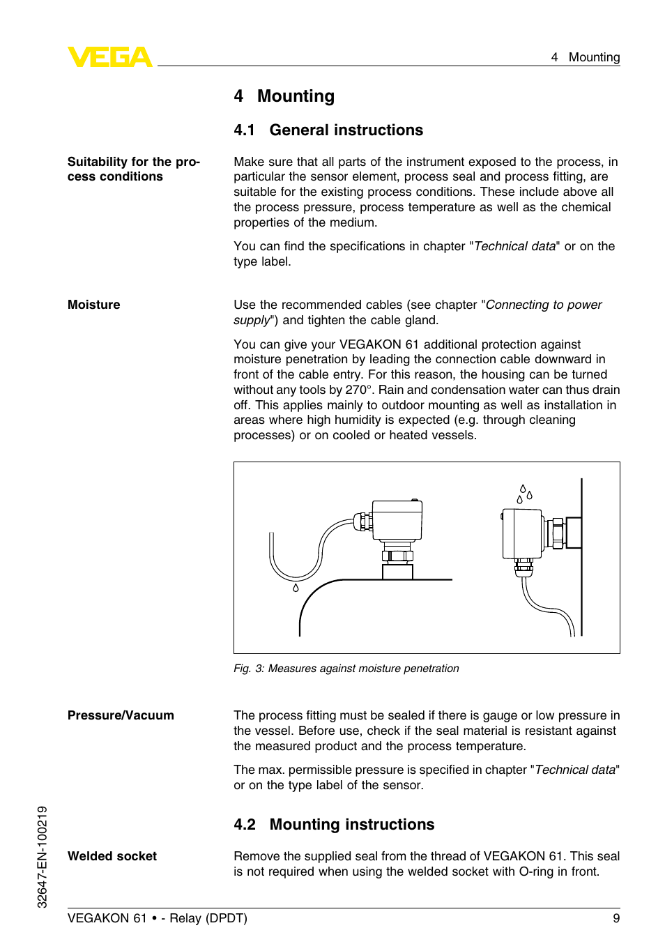 4 mounting, 1 general instructions, 2 mounting instructions | 4mounting | VEGA VEGAKON 61 - Relay (DPDT) User Manual | Page 9 / 24