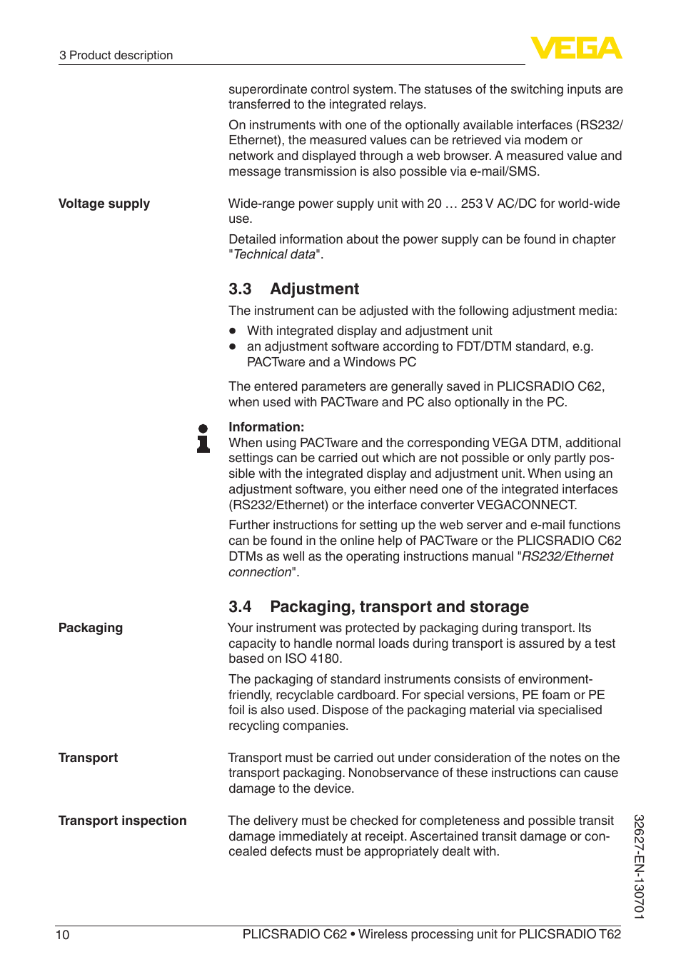 3 adjustment, 4 packaging, transport and storage | VEGA PLICSRADIO R62 Wireless processing unit User Manual | Page 10 / 40