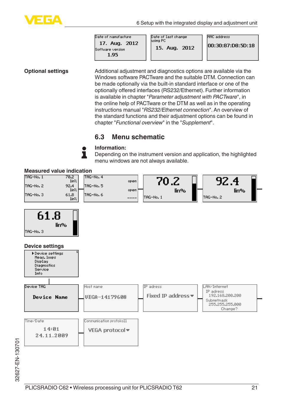 3 menu schematic | VEGA PLICSRADIO R62 Wireless processing unit User Manual | Page 21 / 40