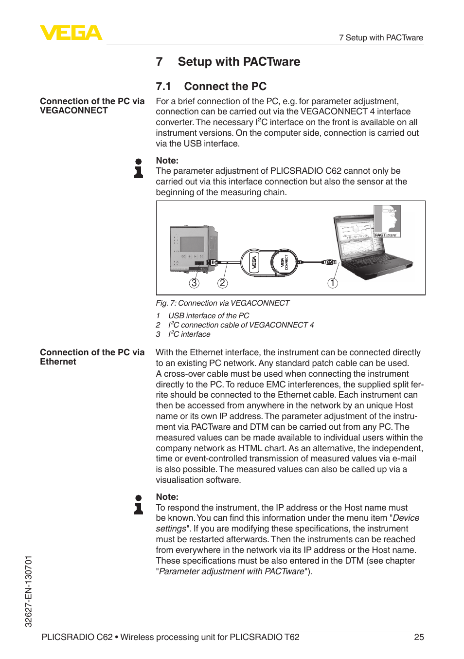 7 setup with pactware, 1 connect the pc | VEGA PLICSRADIO R62 Wireless processing unit User Manual | Page 25 / 40