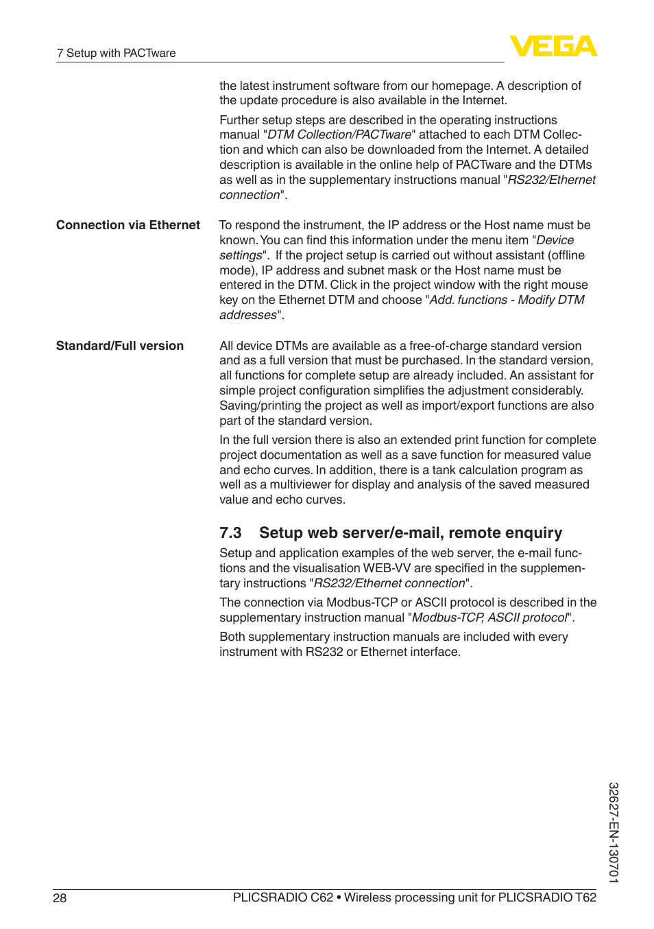 3 setup web server/e-mail, remote enquiry | VEGA PLICSRADIO R62 Wireless processing unit User Manual | Page 28 / 40