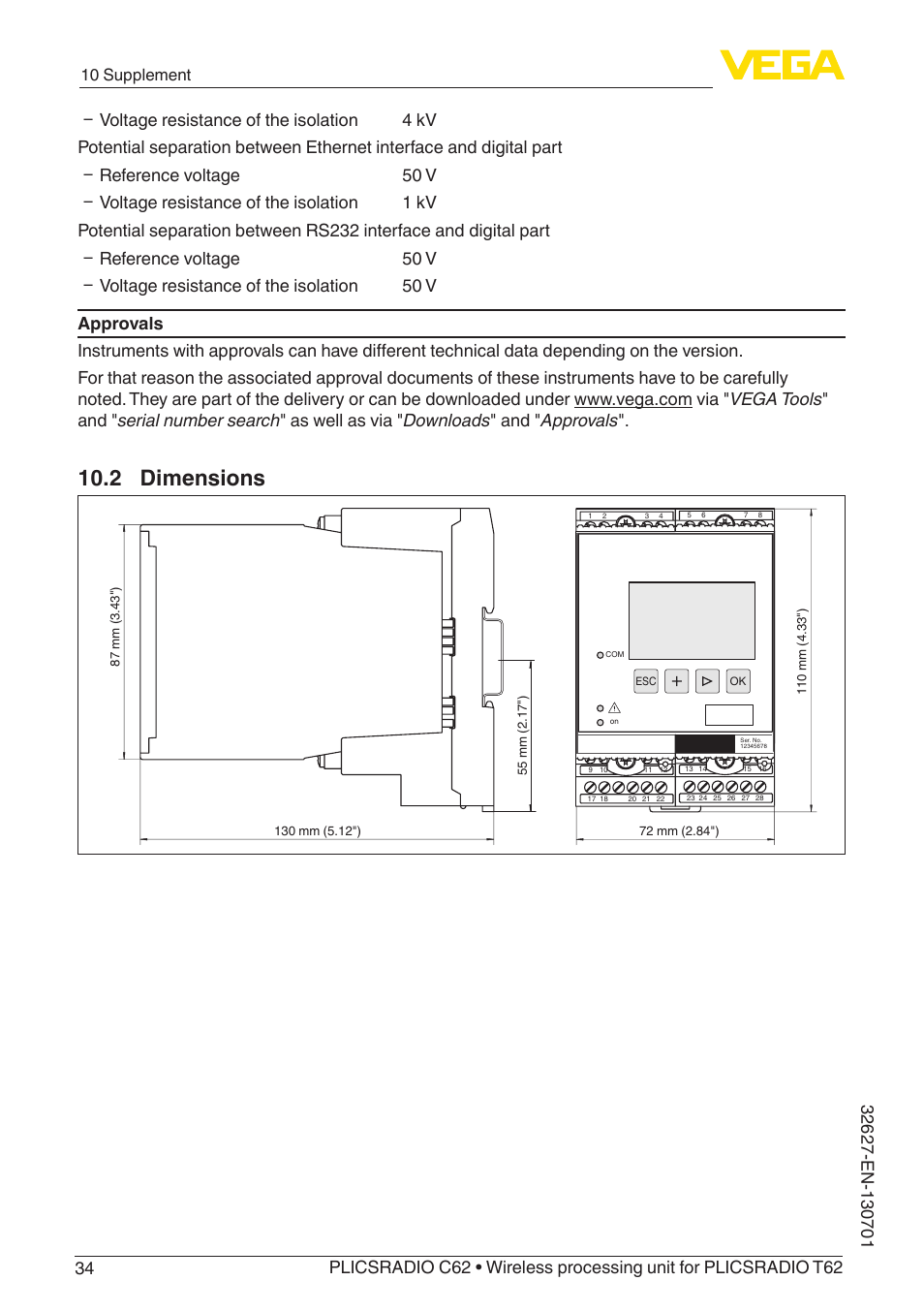 2 dimensions | VEGA PLICSRADIO R62 Wireless processing unit User Manual | Page 34 / 40