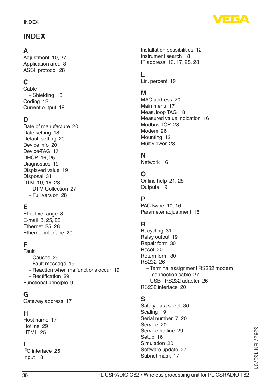 Index | VEGA PLICSRADIO R62 Wireless processing unit User Manual | Page 36 / 40