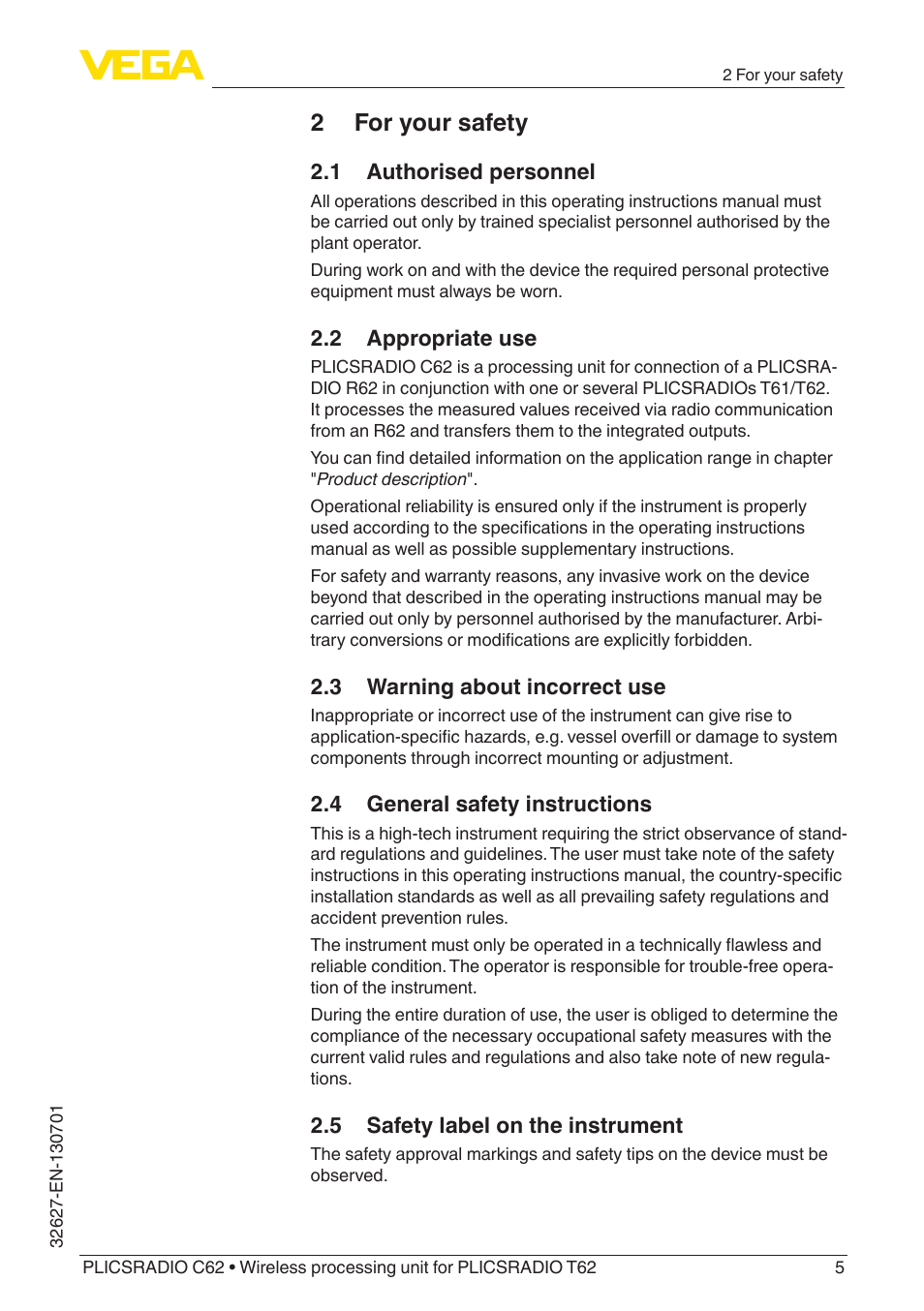 2 for your safety, 1 authorised personnel, 2 appropriate use | 3 warning about incorrect use, 4 general safety instructions, 5 safety label on the instrument | VEGA PLICSRADIO R62 Wireless processing unit User Manual | Page 5 / 40