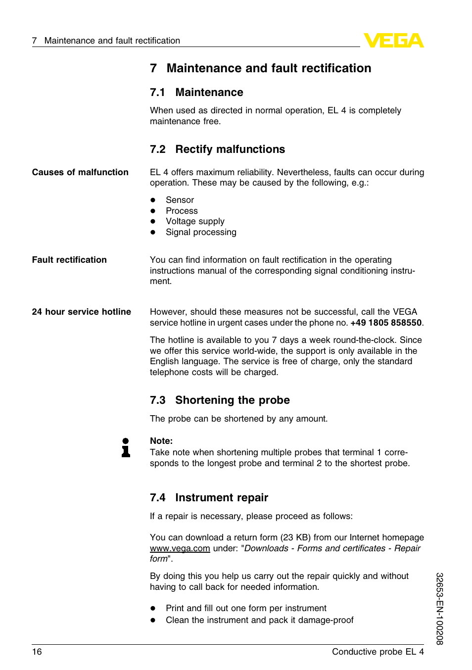 7 maintenance and fault rectification, 1 maintenance, 2 rectify malfunctions | 3 shortening the probe, 4 instrument repair, 7maintenance and fault rectiﬁcation | VEGA EL 4 Conductive probe User Manual | Page 16 / 24