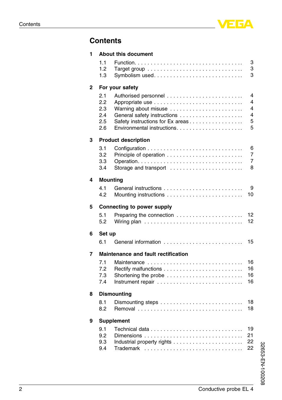 VEGA EL 4 Conductive probe User Manual | Page 2 / 24