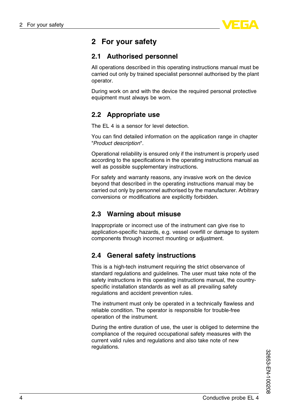 2 for your safety, 1 authorised personnel, 2 appropriate use | 3 warning about misuse, 4 general safety instructions, 2for your safety | VEGA EL 4 Conductive probe User Manual | Page 4 / 24