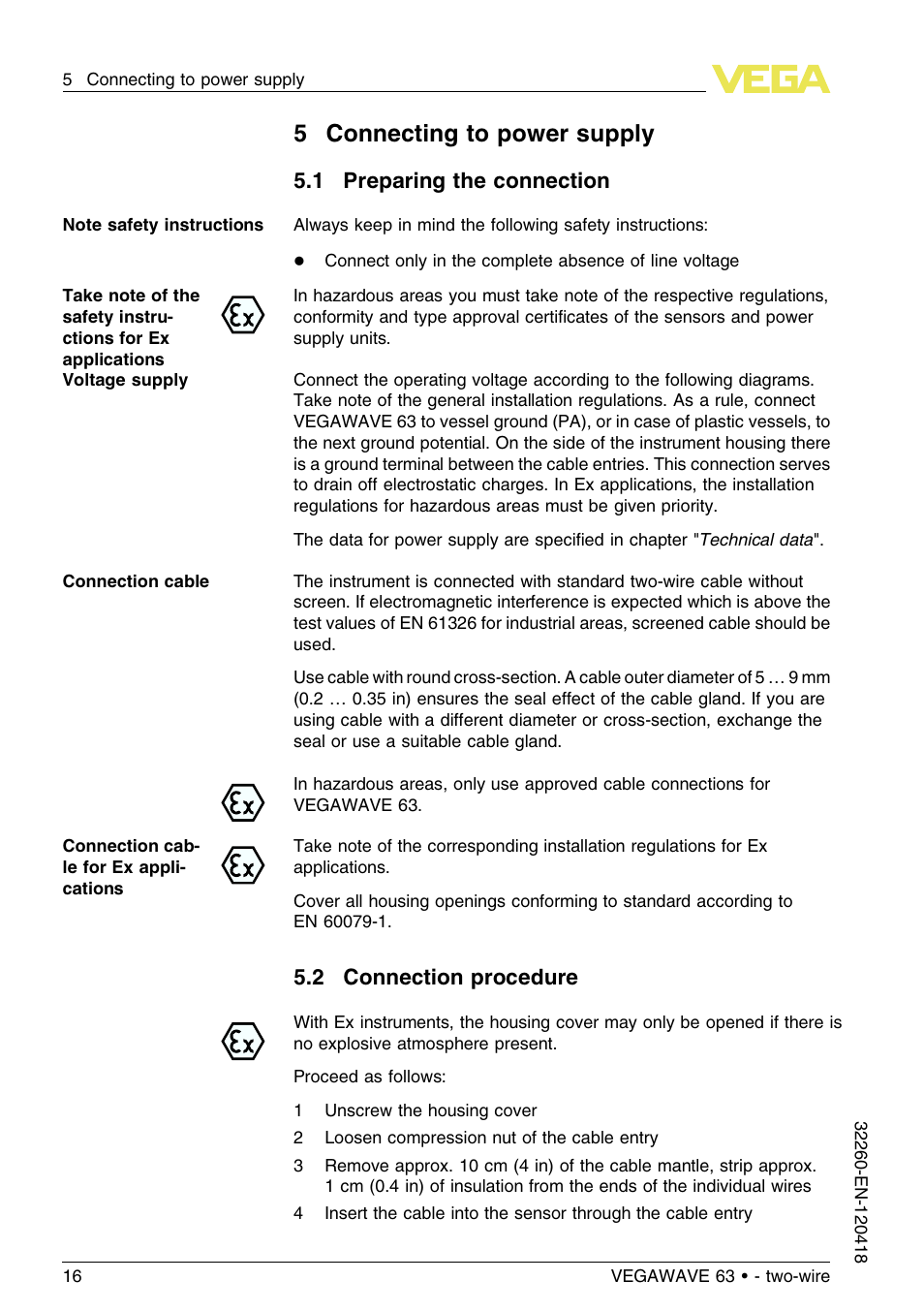 5 connecting to power supply, 1 preparing the connection, 2 connection procedure | 5connecting to power supply | VEGA VEGAWAVE 63 - two-wire User Manual | Page 16 / 40