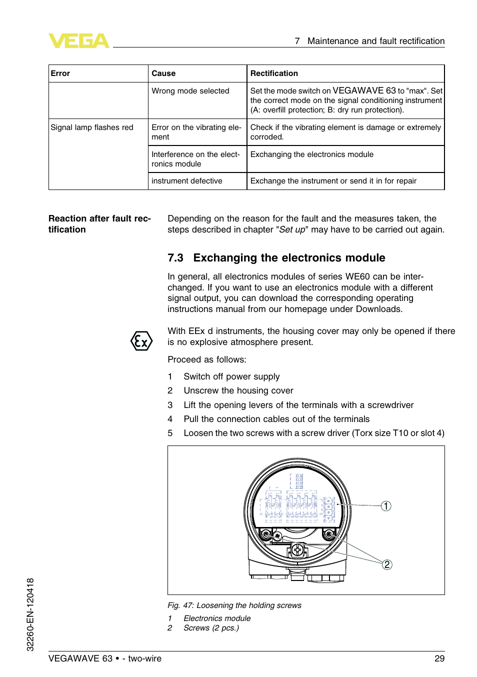 3 exchanging the electronics module | VEGA VEGAWAVE 63 - two-wire User Manual | Page 29 / 40