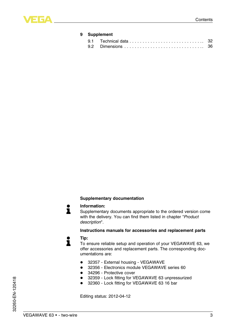 VEGA VEGAWAVE 63 - two-wire User Manual | Page 3 / 40