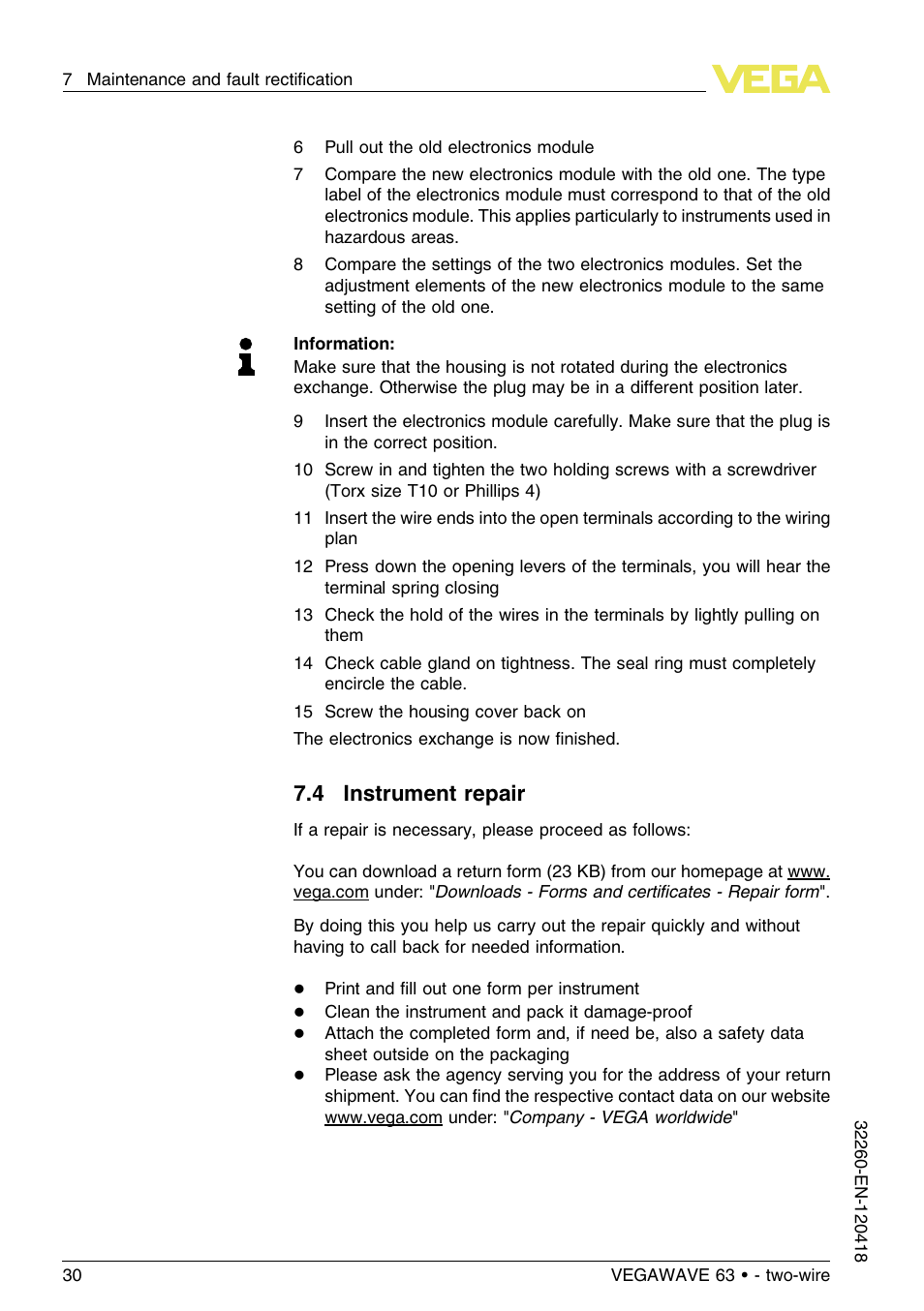 4 instrument repair | VEGA VEGAWAVE 63 - two-wire User Manual | Page 30 / 40