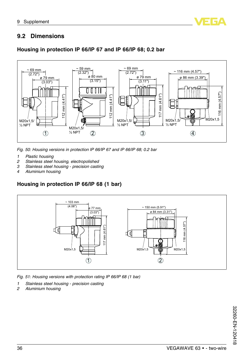 2 dimensions | VEGA VEGAWAVE 63 - two-wire User Manual | Page 36 / 40