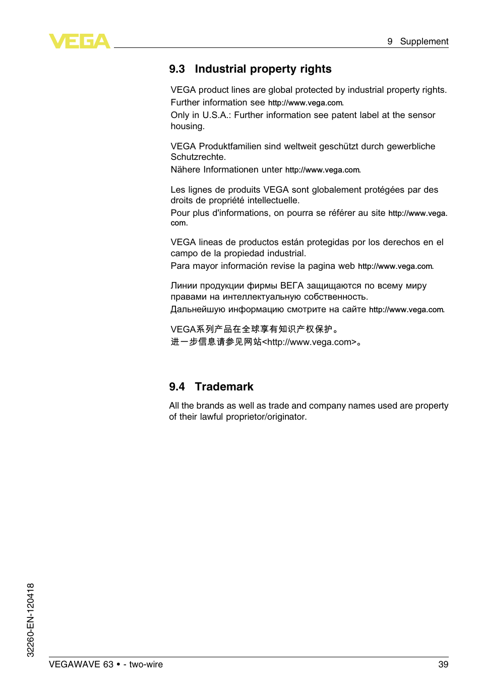 3 industrial property rights, 4 trademark | VEGA VEGAWAVE 63 - two-wire User Manual | Page 39 / 40