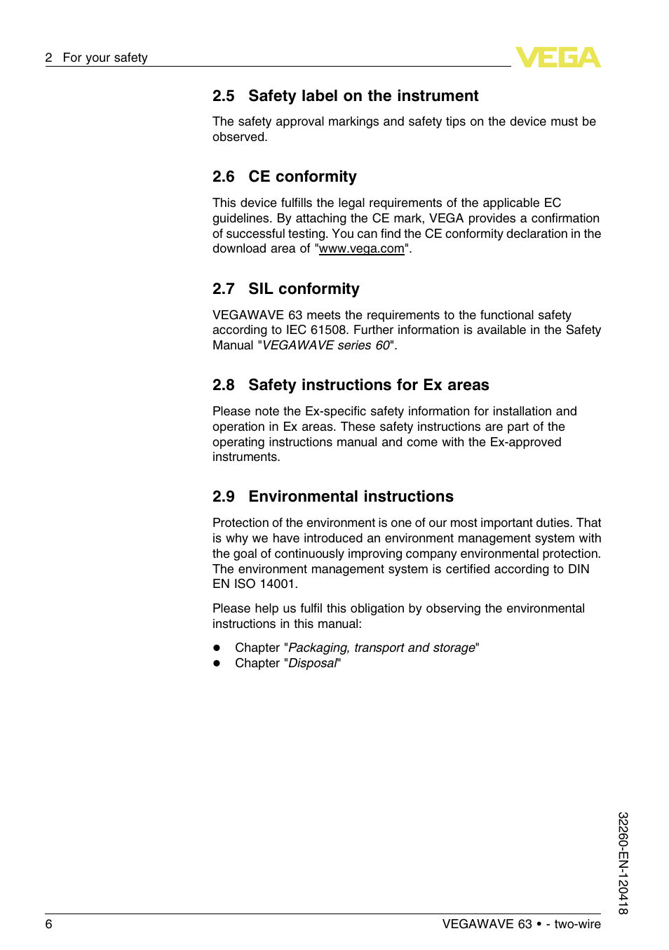 5 safety label on the instrument, 6 ce conformity, 7 sil conformity | 8 safety instructions for ex areas, 9 environmental instructions | VEGA VEGAWAVE 63 - two-wire User Manual | Page 6 / 40