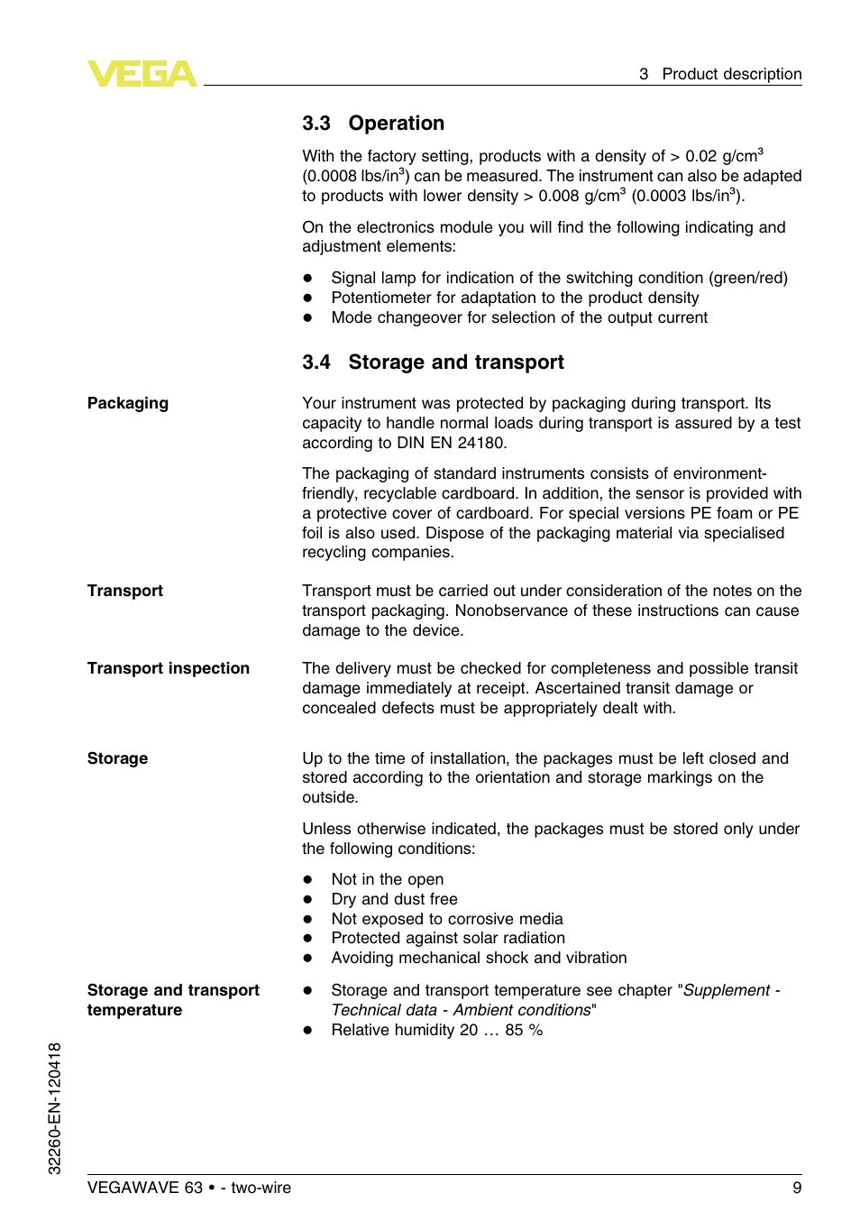 3 operation, 4 storage and transport | VEGA VEGAWAVE 63 - two-wire User Manual | Page 9 / 40