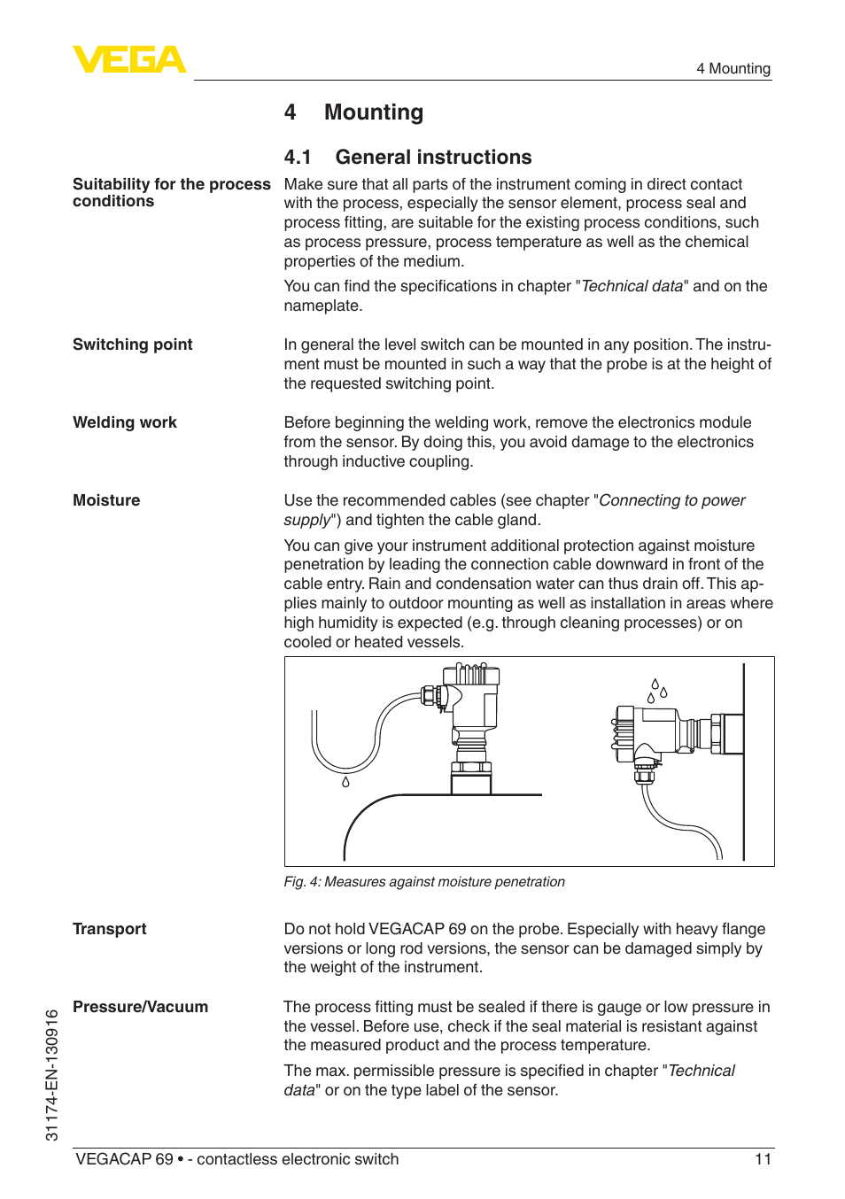 4 mounting, 1 general instructions | VEGA VEGACAP 69 - contactless electronic switch User Manual | Page 11 / 36