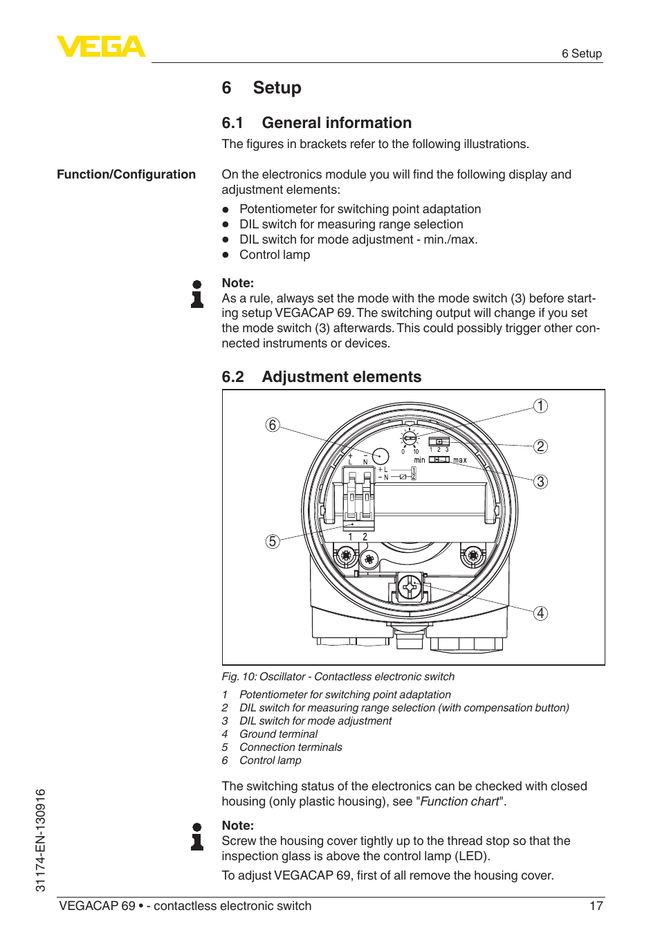 6 setup, 1 general information, 2 adjustment elements | VEGA VEGACAP 69 - contactless electronic switch User Manual | Page 17 / 36