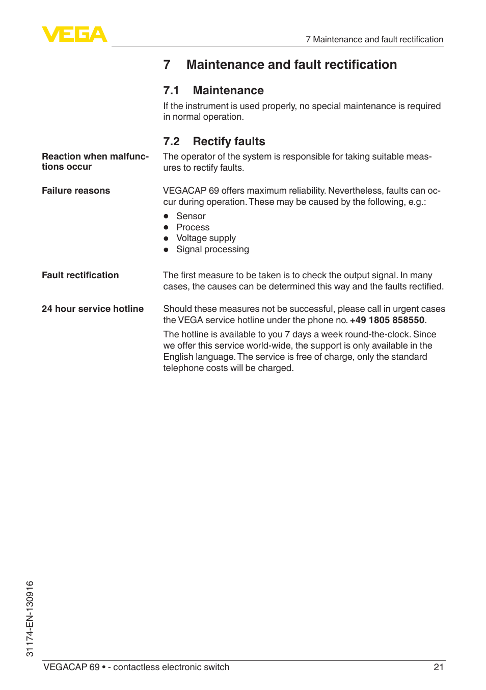 7 maintenance and fault rectification, 1 maintenance, 2 rectify faults | VEGA VEGACAP 69 - contactless electronic switch User Manual | Page 21 / 36
