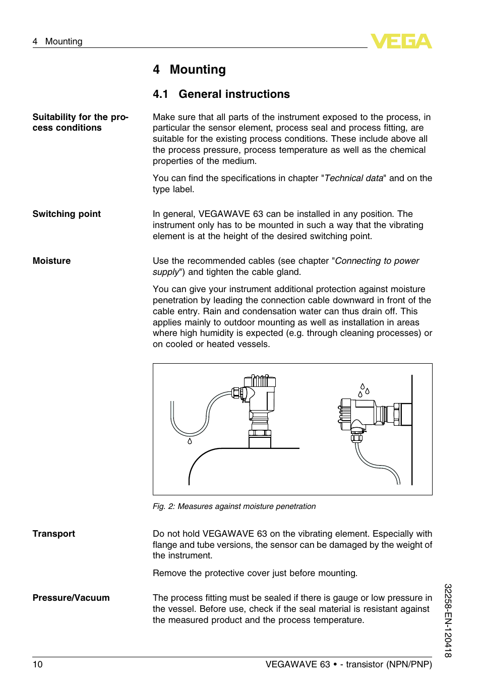 4 mounting, 1 general instructions, 4mounting | VEGA VEGAWAVE 63 - transistor (NPN-PNP) User Manual | Page 10 / 36