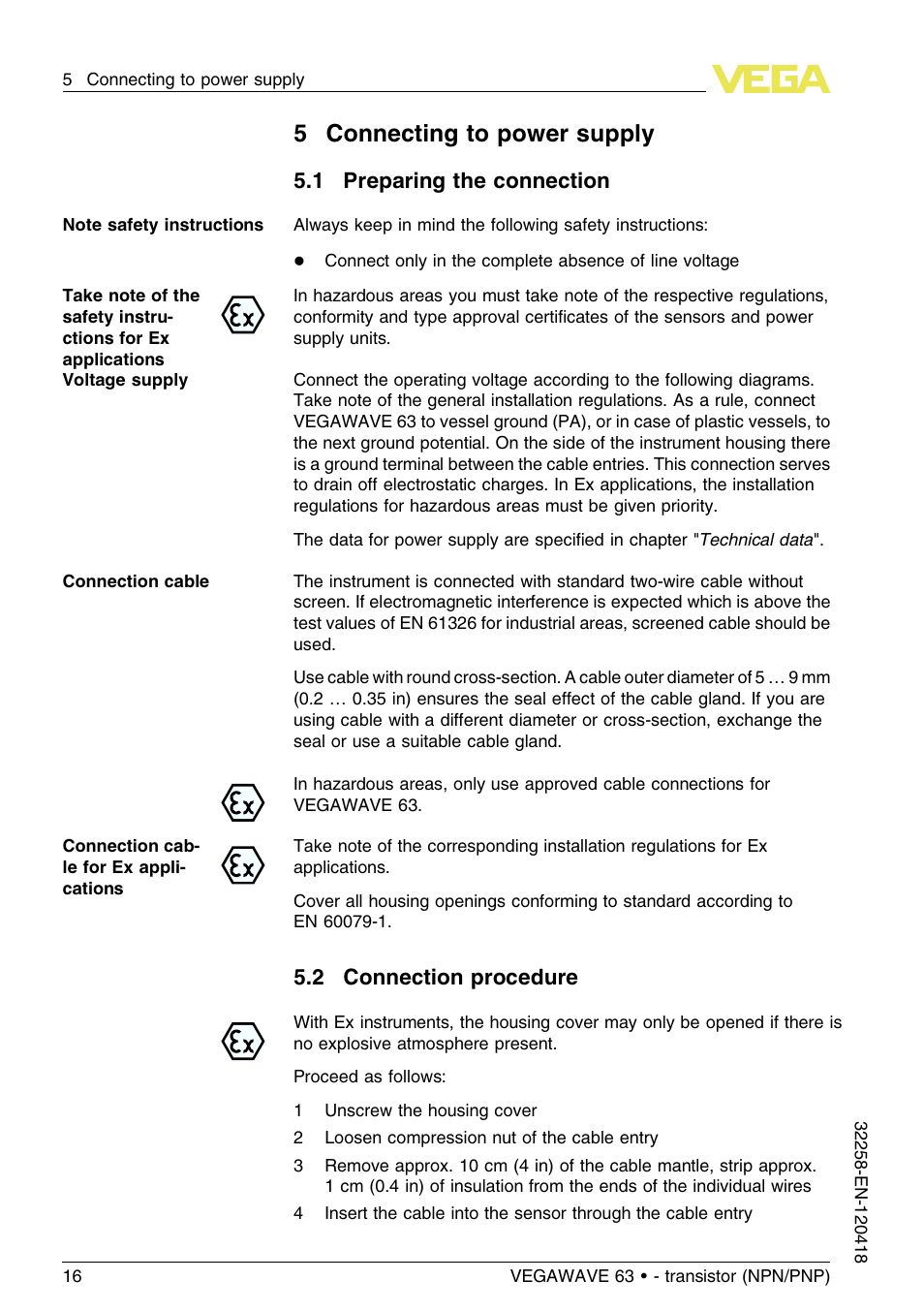 5 connecting to power supply, 1 preparing the connection, 2 connection procedure | 5connecting to power supply | VEGA VEGAWAVE 63 - transistor (NPN-PNP) User Manual | Page 16 / 36