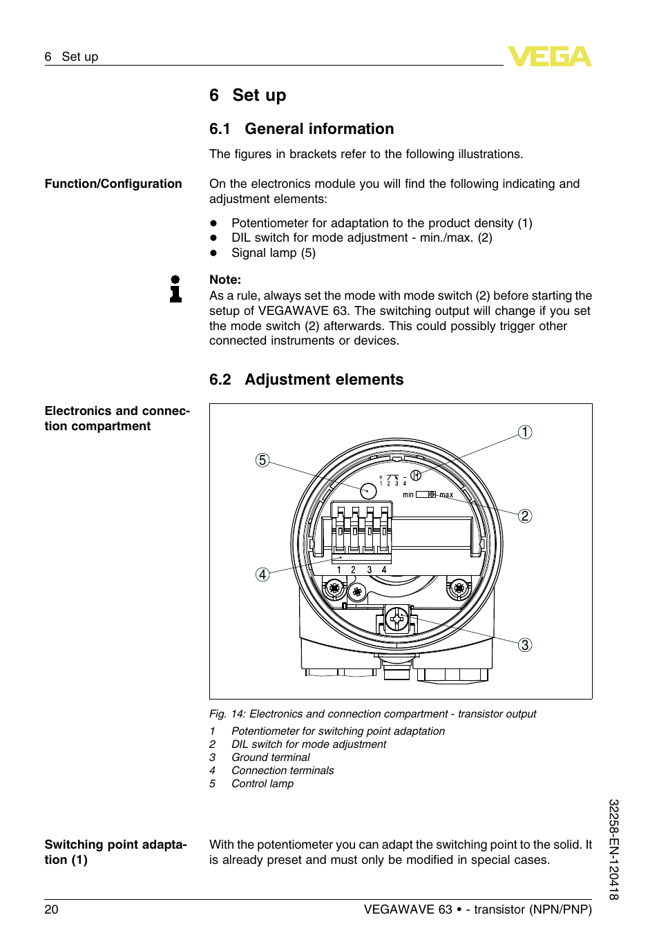 6 set up, 1 general information, 2 adjustment elements | 6set up | VEGA VEGAWAVE 63 - transistor (NPN-PNP) User Manual | Page 20 / 36