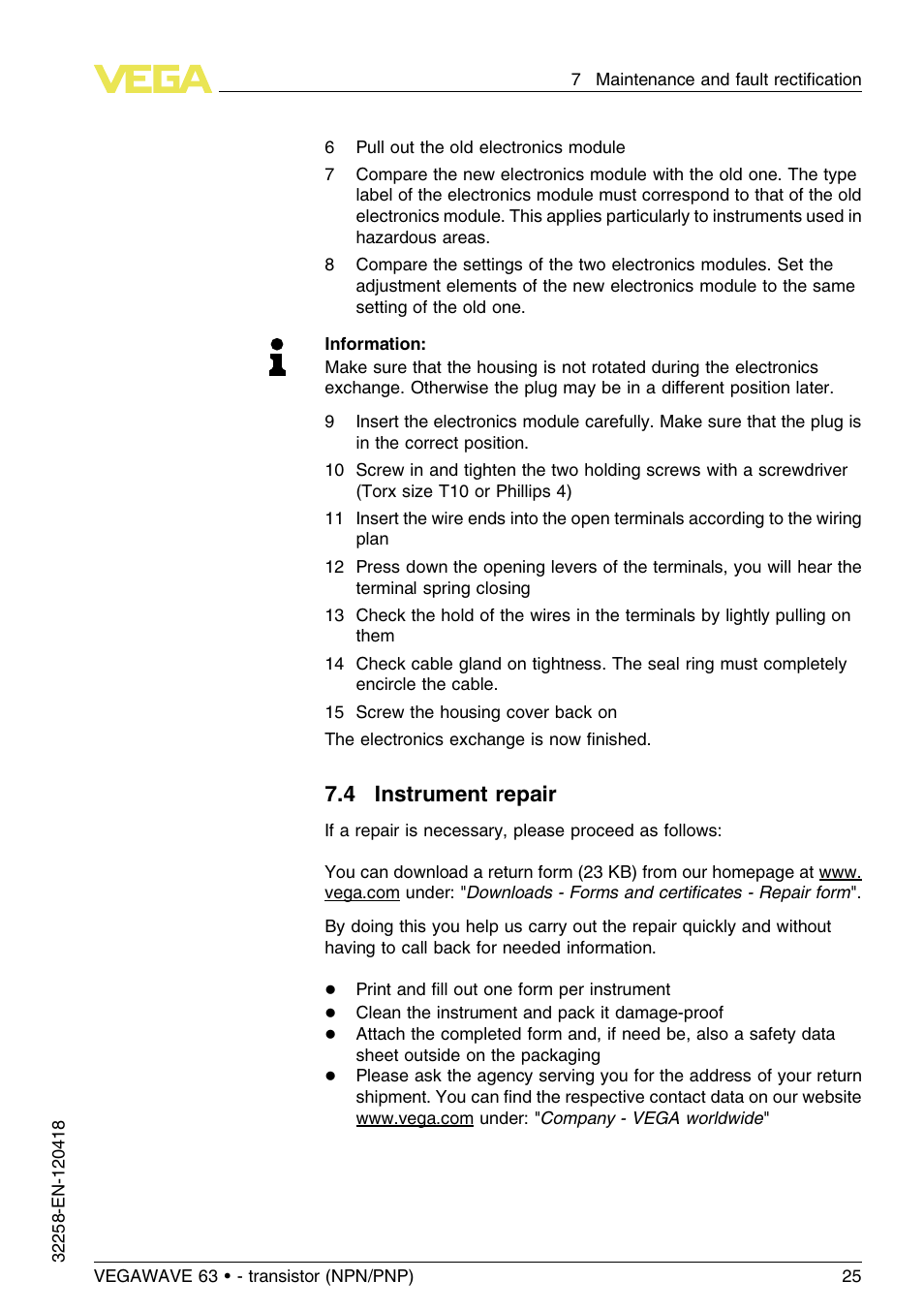 4 instrument repair | VEGA VEGAWAVE 63 - transistor (NPN-PNP) User Manual | Page 25 / 36