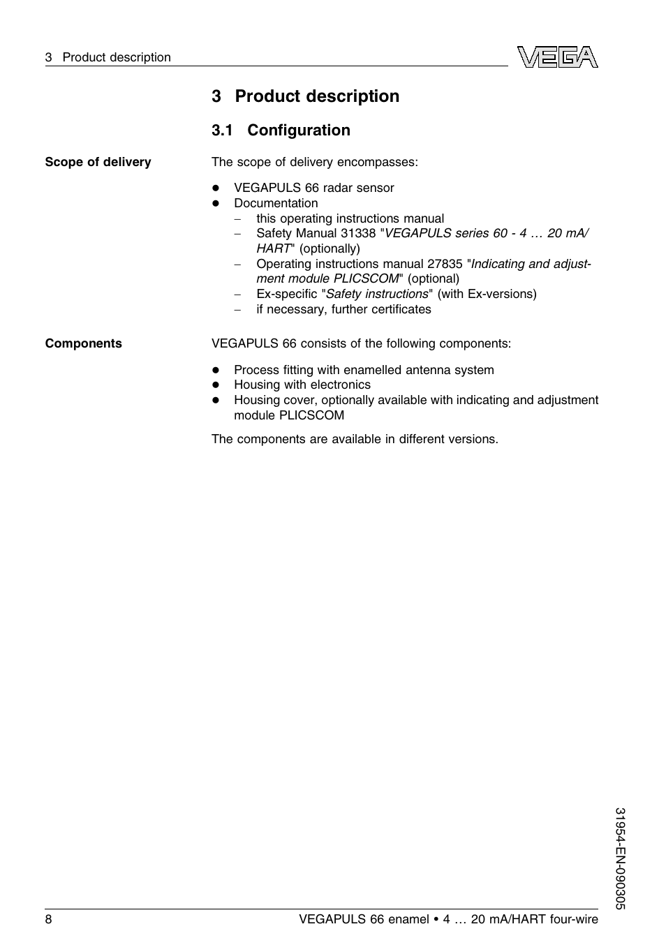 3 product description, 1 configuration, 1 conﬁguration | VEGA VEGAPULS 66 (≥ 2.0.0 - ≤ 3.8) enamel 4 … 20 mA_HART four-wire User Manual | Page 8 / 56