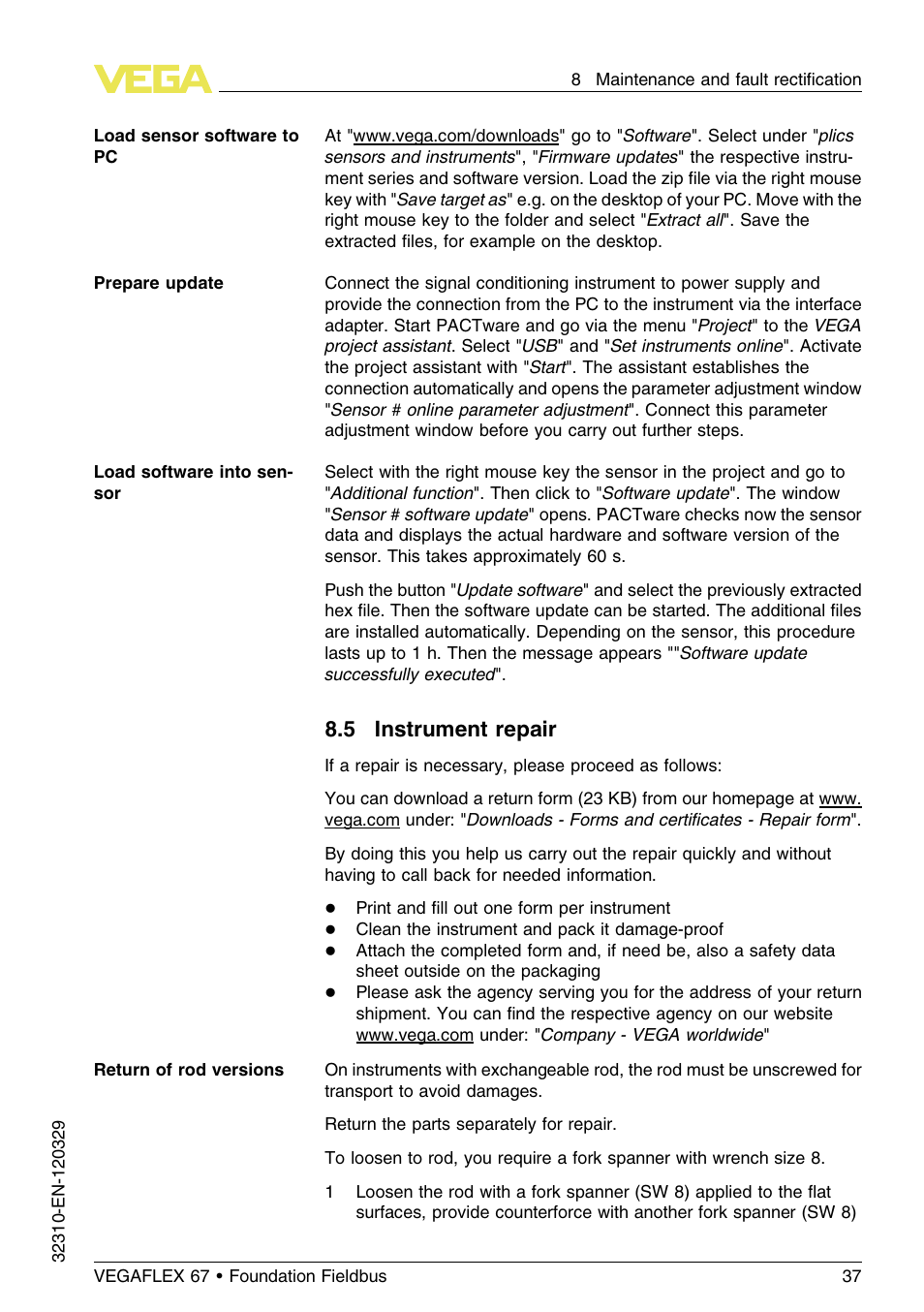 5 instrument repair | VEGA VEGAFLEX 67 (-20…+250°C) Foundation Fieldbus User Manual | Page 37 / 60