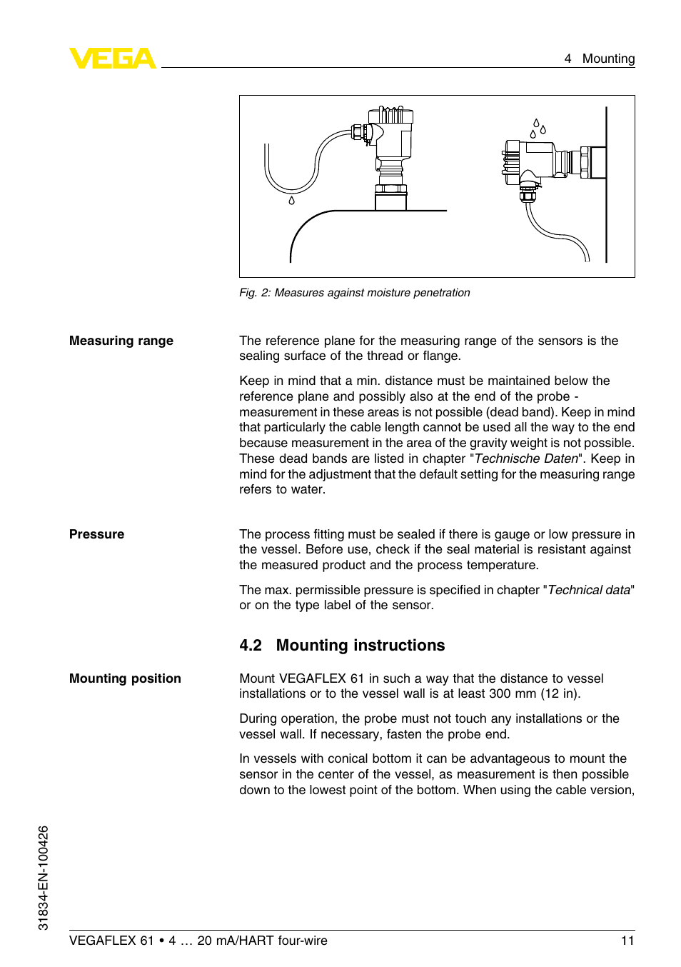 2 mounting instructions | VEGA VEGAFLEX 61 4 … 20 mA_HART four-wire User Manual | Page 11 / 56